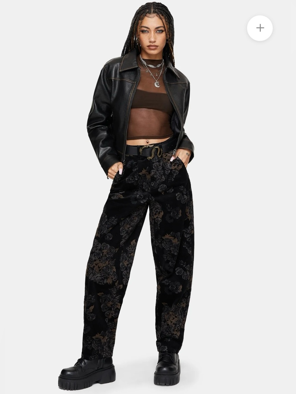 NWT Disturbia Fleur Printed Black Corduroy Barrel Leg Trousers Pants - 38 waist